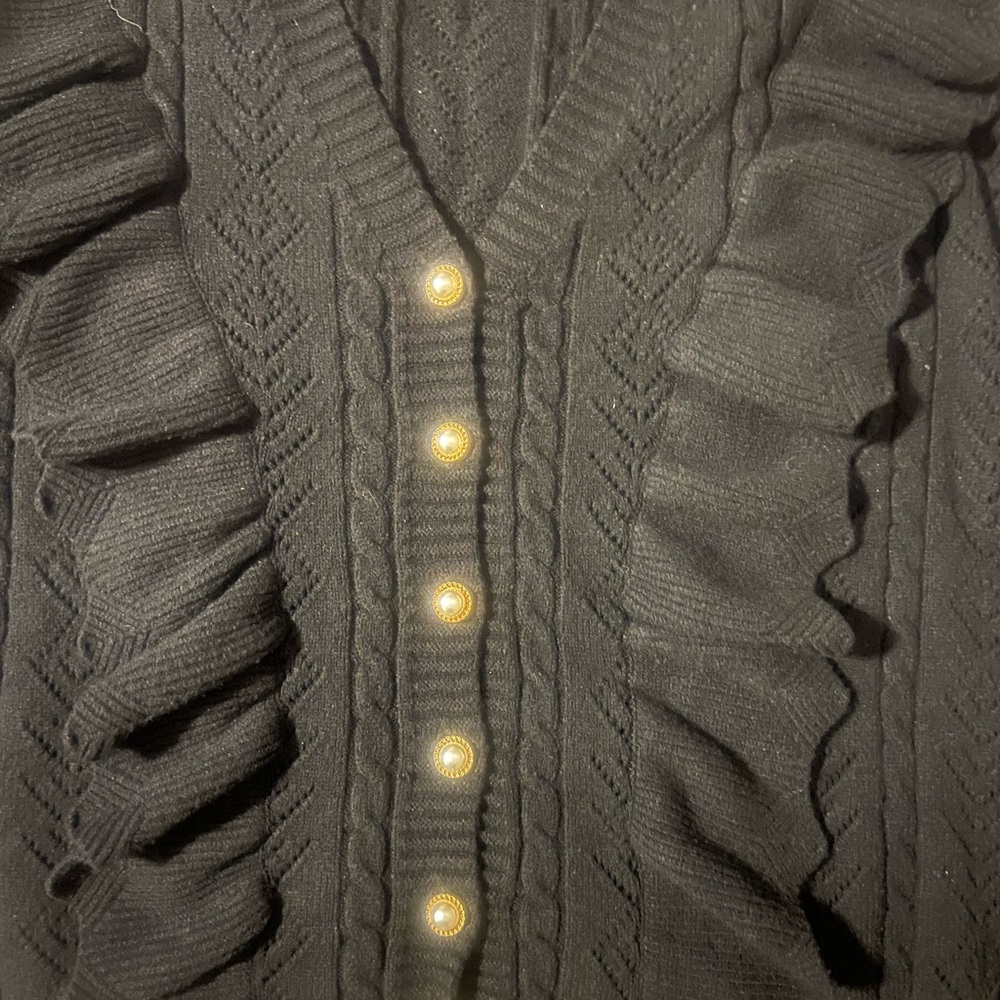 Black Ruffled Sweater with Pearl Buttons